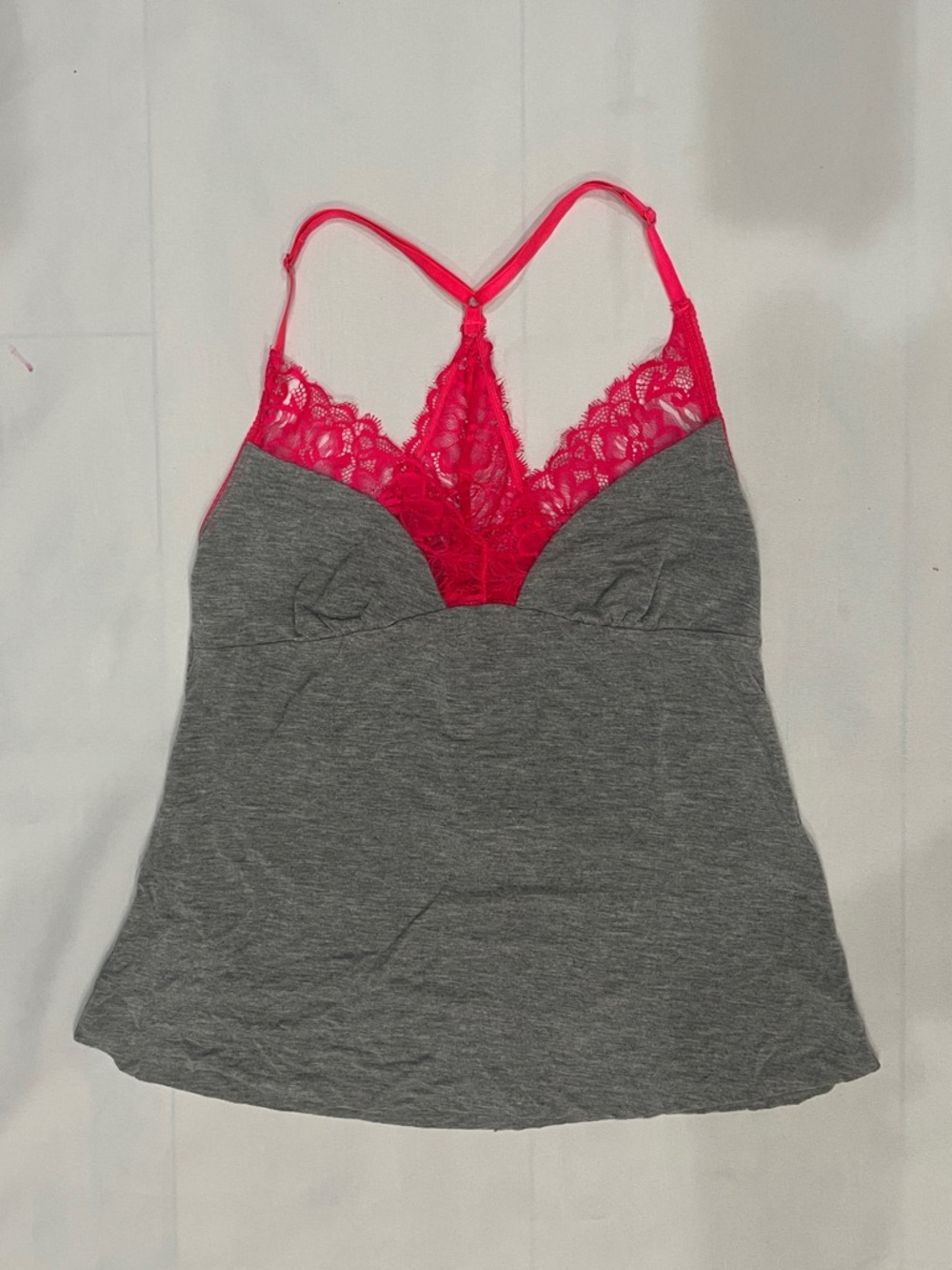 Adore Me Gray Tank with Hot Pink Lace Bralette Detail